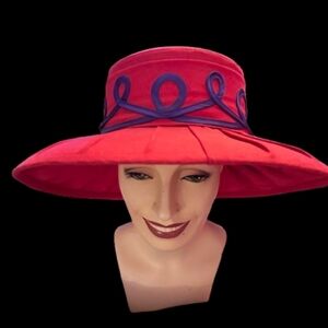 Red Hat with Purple Satin Trim and Bow, and Red Satin Roses